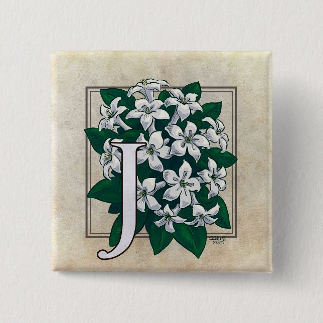 J für Jasmin-Blumen-Monogramm Button (Vorderseite)