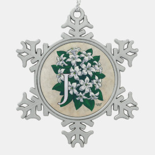 J für Jasmin-Blumen-Monogramm Schneeflocken Zinn-Ornament