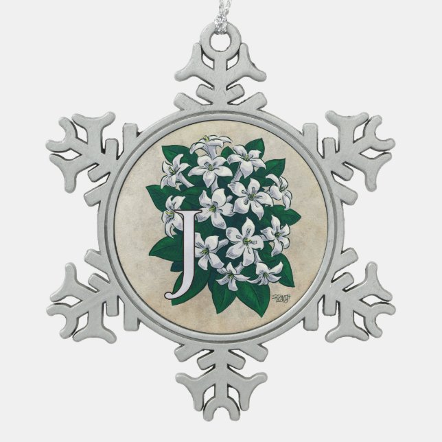 J für Jasmin-Blumen-Monogramm Schneeflocken Zinn-Ornament (Vorderseite)