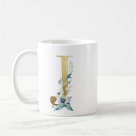 J Golden Initial mit blauem Blumenblättern Kaffeetasse