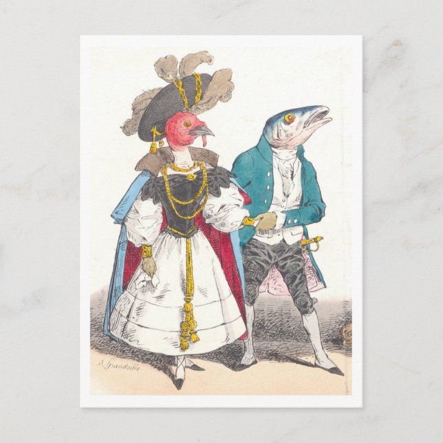 J.J. Grandville Illustration of Bird and Fish Postkarte (Vorderseite)