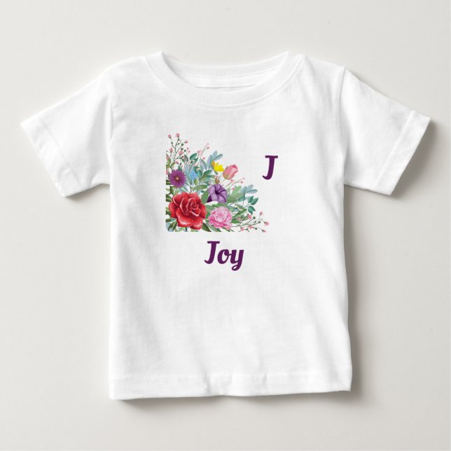 J Joy Personalize Letter Name, Rose Blume Baby T-shirt (Vorderseite)