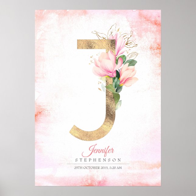 J Letter Monogram Gold Blätter Pink Magnolia Flora Poster (Vorne)