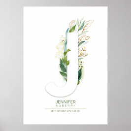J Letter Monogram Gold Greenerage Foliage Chic Poster