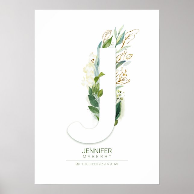 J Letter Monogram Gold Greenerage Foliage Chic Poster (Vorne)
