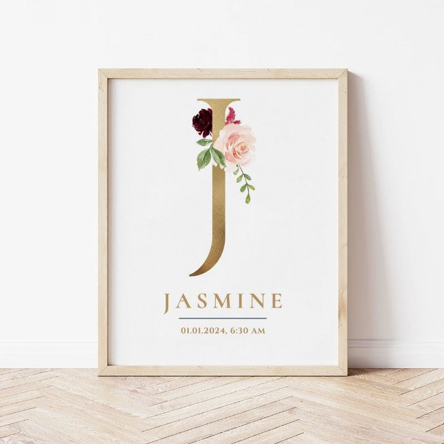 J Letter Monogram Name Marsala Floral Kinderzimmer Poster (Von Creator hochgeladen)