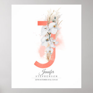 J Letter Monogram White Orchias and Pampas Grass Poster