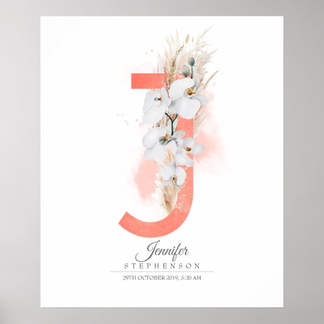 J Letter Monogram White Orchias and Pampas Grass Poster (Vorne)