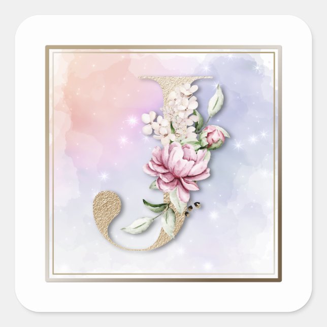 J Monogram Burgundy Floral Square Sticker (Vorderseite)