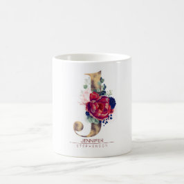 J Monogram Floral Burgundy Red and Navy Blue Kaffeetasse