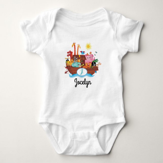 J-Monogramm-Noahs Arche-personalisierter Baby-T - Baby Strampler (Vorderseite)