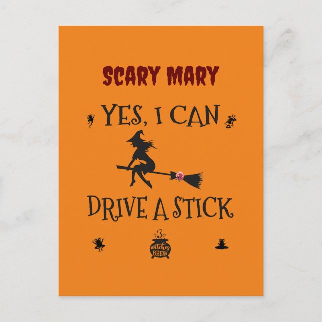Ja, ich kann einen Stick fahren, sagt die Hexe Postkarte (Vorderseite)