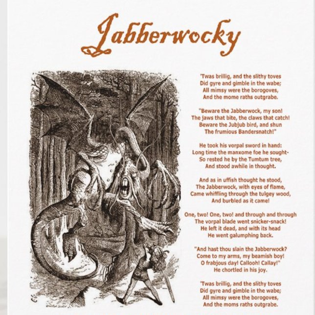 Jabberwocky Poem von Lewis Carroll (Black Adder) Karte (Lewis Carroll's fantastic Jabberwocky poem along with John Tenniel's drawing of the Jabberwock)