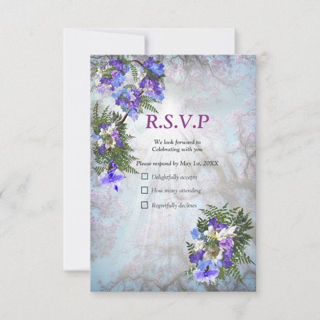 Jacaranda Blooms & Lily Bouquet RSVP Karte (Vorderseite)