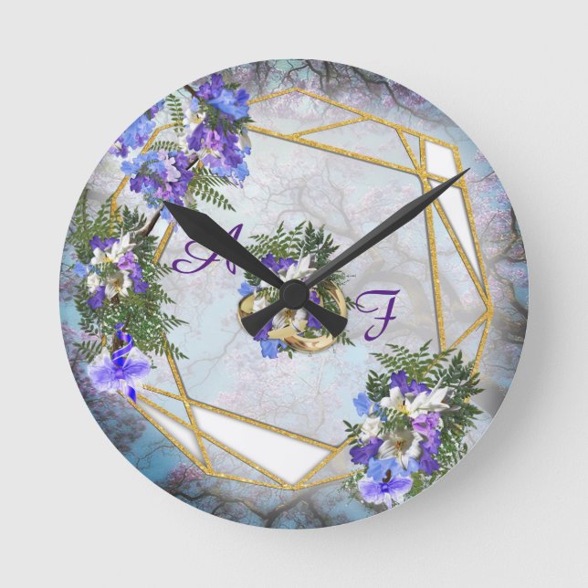 Jacaranda Blooms & Lily Bouquet Runde Wanduhr (Vorderseite)