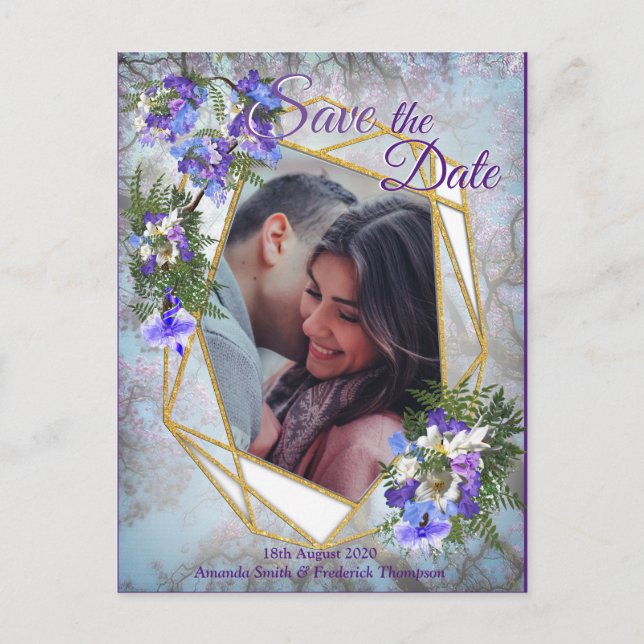 Jacaranda Blooms & Lily Bouquet Save the Date Ankündigungspostkarte (Vorderseite)