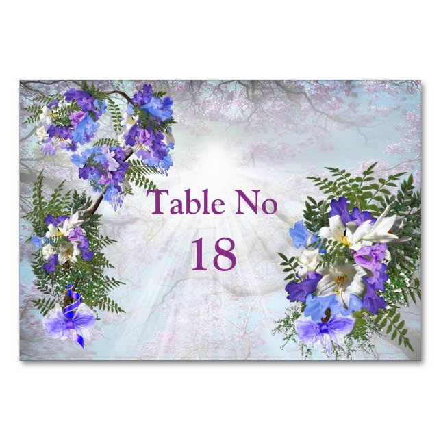 Jacaranda Blooms & Lily Bouquet Theme Tischnummer (Vorderseite)