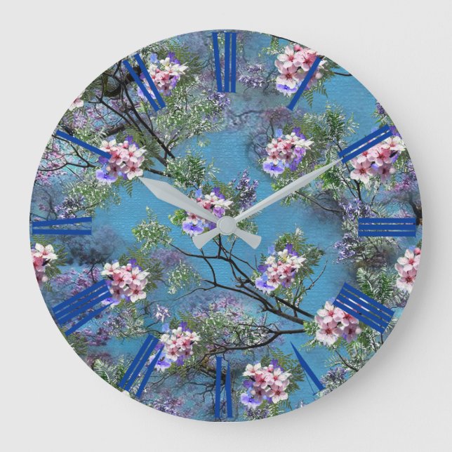 Jacaranda Spring Blooms wiederholen Muster Große Wanduhr (Vorderseite)