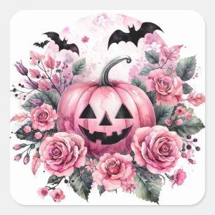 Jack-an-Lantern mit rosa Rosen und Fledermäusen Quadratischer Aufkleber