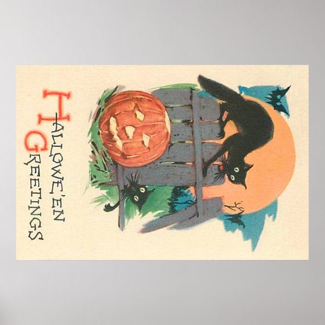 Jack O' Lantern Black Cat Bat Vollmond Poster (Vorne)