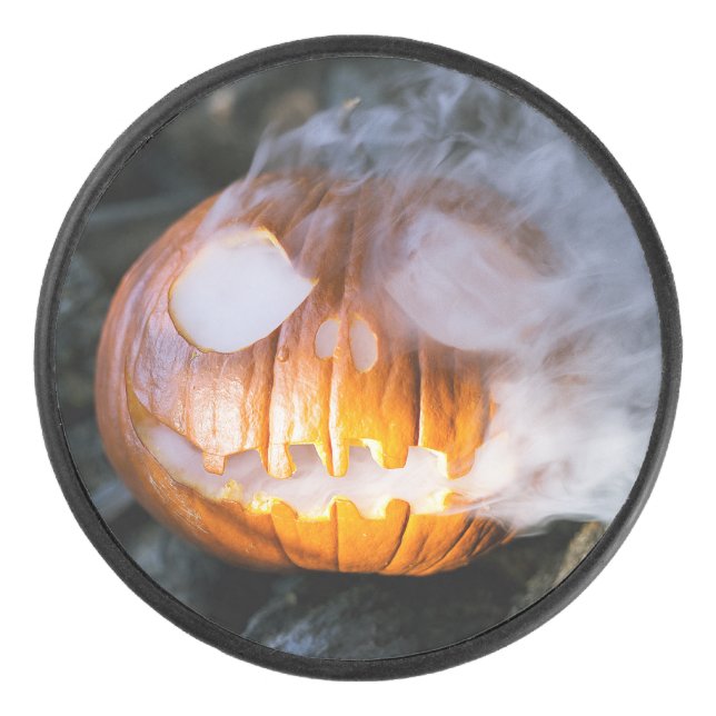 Jack-o-Lantern des kopflosen Pferdes Kopf an Flamm Eishockey Puck (Vorderseite)