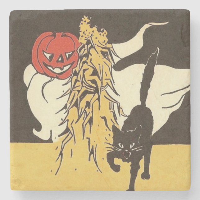 Jack O' Lantern Ghost Black Cat Cornstalk Steinuntersetzer (Vorderseite)