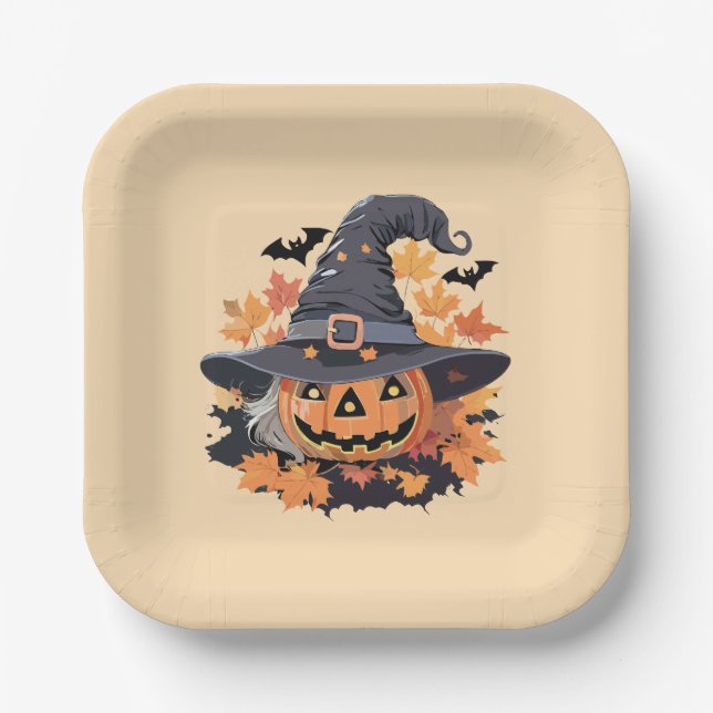 Jack-o-Lantern in Hexenhuttholz Halloween Pappteller (Vorderseite)