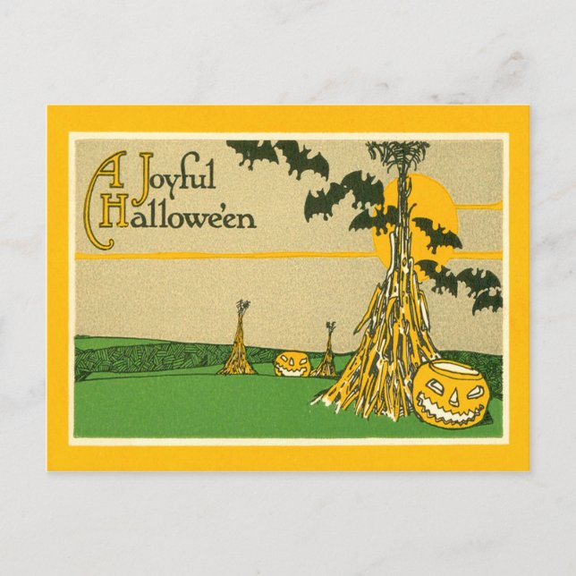 Jack O' Lantern-Kürbiss Heuhaufen-Fledermaus Postkarte (Vorderseite)