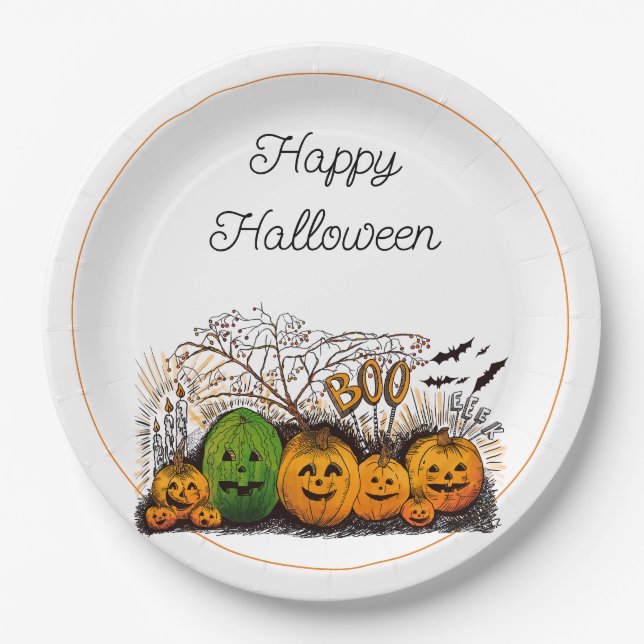 Jack-O-Lantern-Linie nach oben Pappteller (Vorderseite)