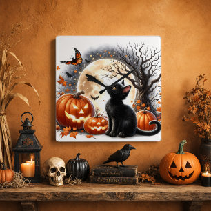 Jack O' Lantern und Schwarze Katze Halloween Wall  Quadratische Wanduhr