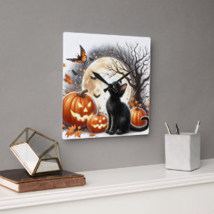Jack O' Lantern und Schwarze Katze Halloween Wall  Quadratische Wanduhr
