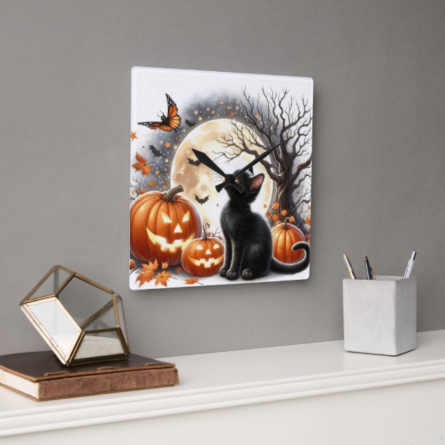Jack O' Lantern und Schwarze Katze Halloween Wall  Quadratische Wanduhr (Büro)