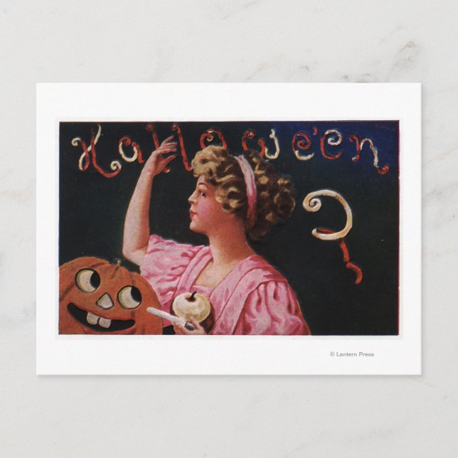 Jack-O-Lantern von Woman Peeling Apple Postkarte (Vorderseite)