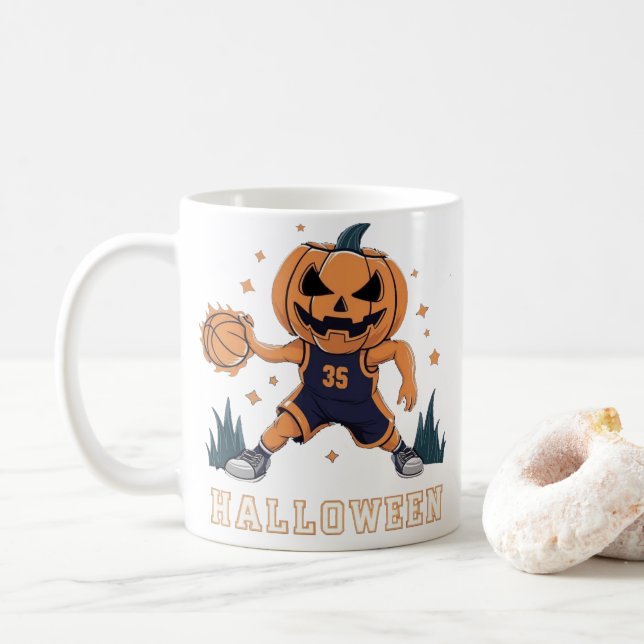 Jack-o'-Lantern's Fiery Slam Dunk: Halloween Night Kaffeetasse (Mit Donut)