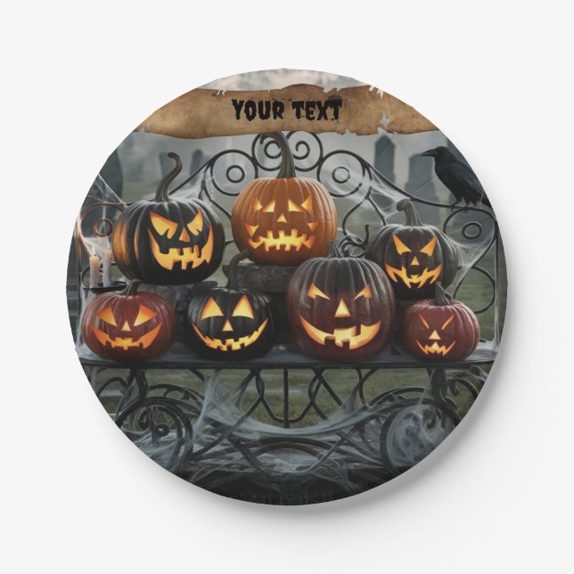 Jack-o'-Lanterns mit Spinnennetzen Pappteller (Vorderseite)