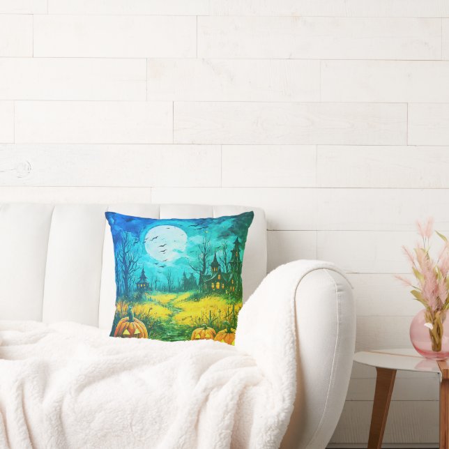 Jack-O' Lanterns und Creepy Houses Moon Halloween Kissen (Liege)