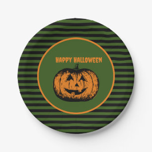 Jack-o'-Laterne Pumpkin Schwarz Grün Orange Streif Pappteller