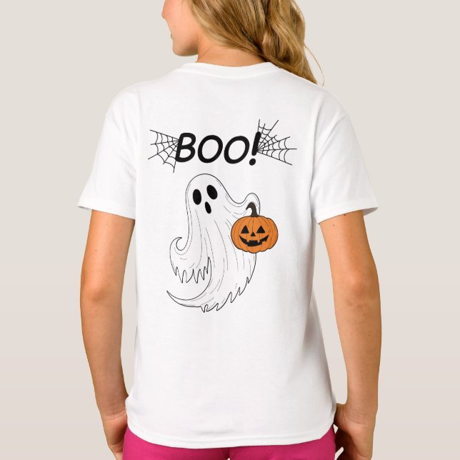 Jack-o’-Laterne und ein weißes Ghost-Boom Hallowee T-Shirt (Rückseite)