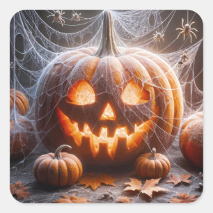 Jack-oder-Lantern mit Spinnennetzen Quadratischer Aufkleber