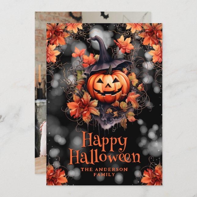 Jack O'Lantern Foto Halloween Card Feiertagskarte (Vorne/Hinten)
