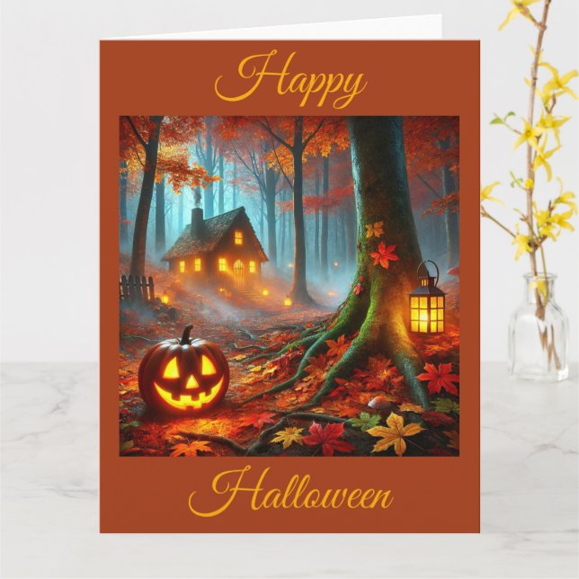 Jack O'Lantern im Spooky-Wald zu Halloween Karte (Gelbe Blume)