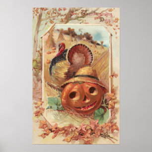 Jack O'Lantern und der Türkei Vintager Erntedank Poster