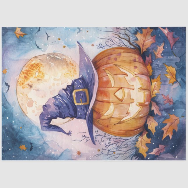 Jack-o''Lantern Vollmond Wasserfarbendekoupage Seidenpapier (Vorderseite)