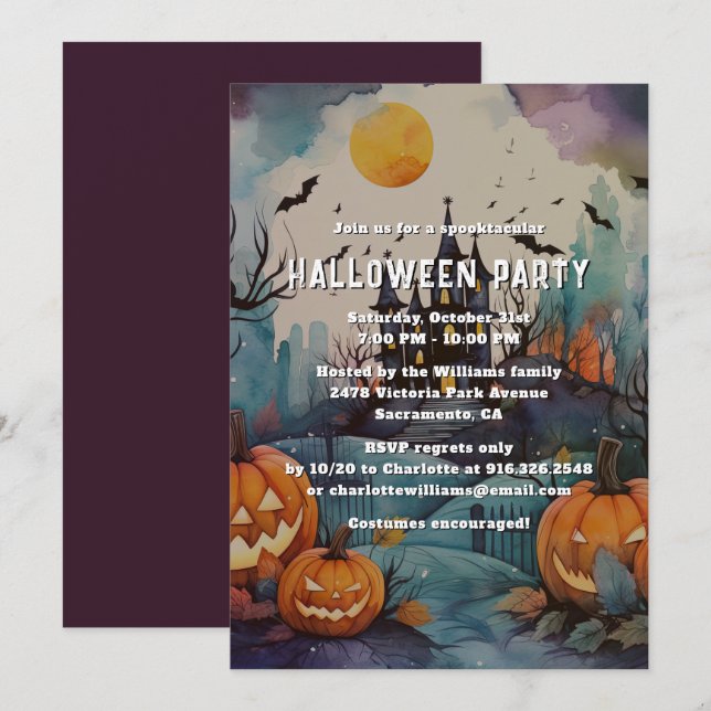 Jack O'Lanterns Spuk Mansion Halloween-Party Einladung (Vorne/Hinten)