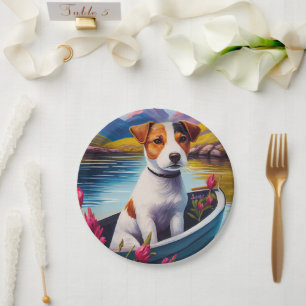 Jack Russell auf einem Paddel: Ein landschaftliche Pappteller