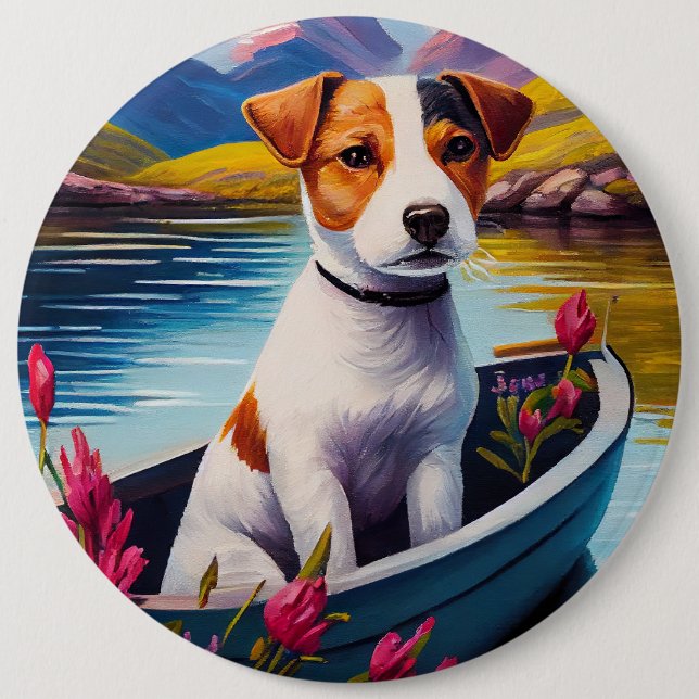 Jack Russell auf einem Paddle: Ein Landschaftliche Button (Vorderseite)