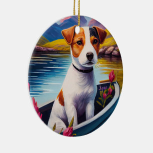 Jack Russell auf einem Paddle: Ein Landschaftliche Keramik Ornament