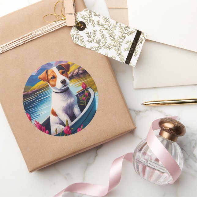 Jack Russell auf einem Paddle: Ein Landschaftliche Runder Aufkleber (Schenken)