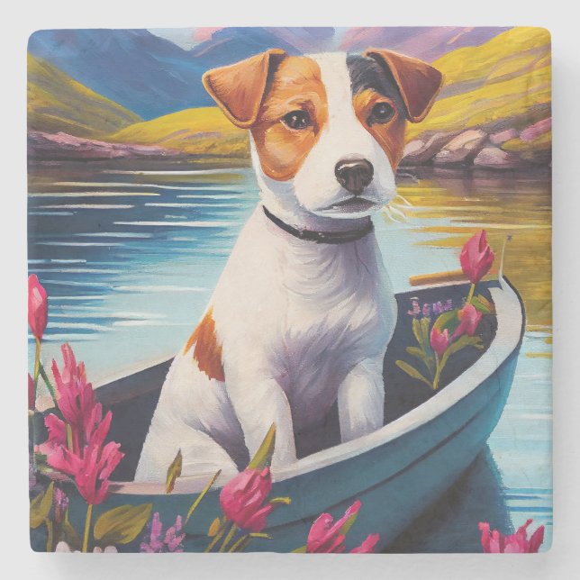 Jack Russell auf einem Paddle: Ein Landschaftliche Steinuntersetzer (Vorderseite)