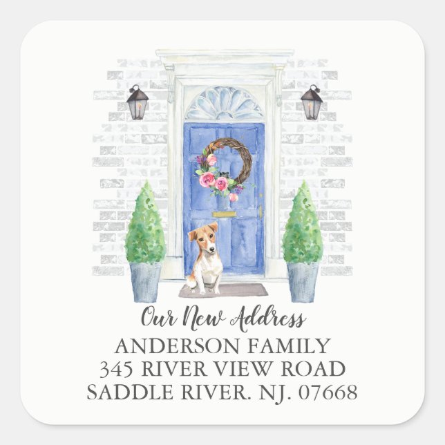 Jack Russell Blue Door New Address Label Quadratischer Aufkleber (Vorderseite)